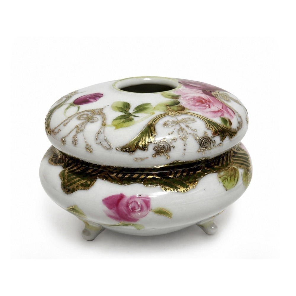 Antique Hand Painted Nippon Hair Receiver Pink Roses Gold Gilt 3 Footed Japan